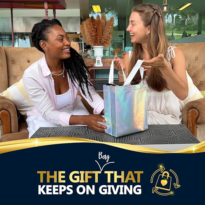 Nush Nush Set of 30 Iridescent Gift Bags Bulk – Medium Size, Holographic Silver Bulk Gift Bags With Handles - Ideal Reusable Goodie Bag for Birthday, Bachelorette Party Favors, Return Gifts – 8x4x10