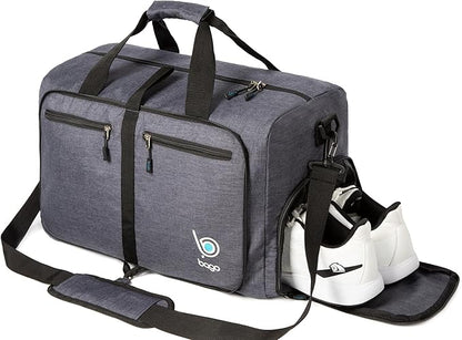 Bago Foldable Duffel Bags for Traveling Women & Men - 60L Medium Packable Duffle Bag for Travel with Shoe Compartment - Water Repellant, Heavy Duty, Lightweight Folding & Collapsible (SnowBlack)