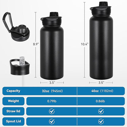 VEGOND 32 oz Insulated Water Bottle Bulk Stainless Steel Metal Water Bottles with Leak Proof Straw Lid & Spout Lid, Wide Mouth Double Walled Vacuum Travel Sports Bottle, Black 4 Pack