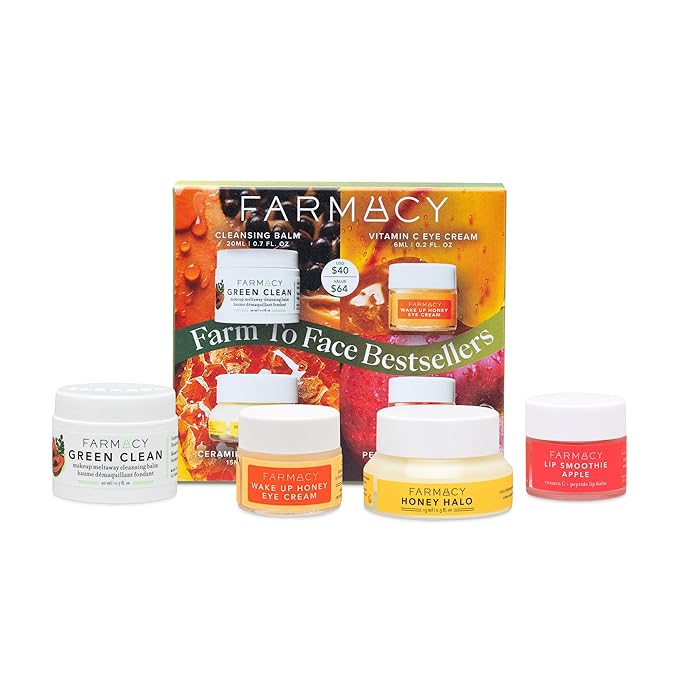 Farmacy Bestsellers Skin Care Set - Includes Green Clean Cleansing Balm, Wake Up Honey Eye Cream, Honey Halo Face Moisturizer + Lip Smoothie - Travel Size Skincare for Healthy, Glowing Skin (4 Count)