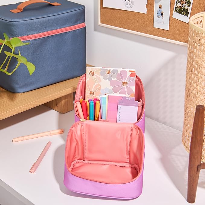 Erin Condren Tall Organizer Case, Stylish Orchid Multi-Purpose Travel Case, Removable Dividers and Sturdy Vegan Leather Handle, Carry Toiletries, Makeup, Jewelry and More