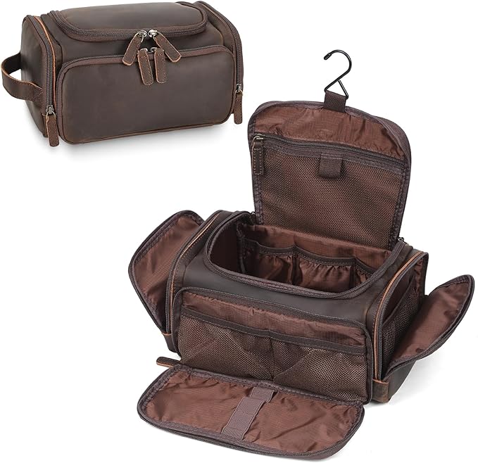 Polare Full Grain Leather Toiletry Case Bag Travel Dopp Kit Organizer Hanging Makeup Cosmetic Shaving Kit Wash Case for Men