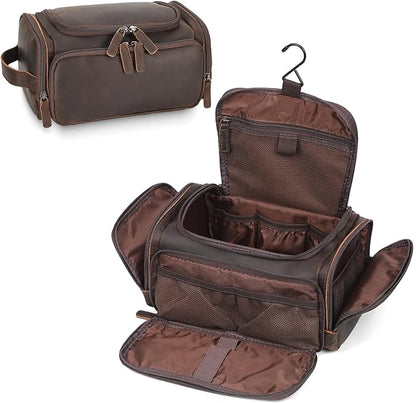 Polare Full Grain Leather Toiletry Case Bag Travel Dopp Kit Organizer Hanging Makeup Cosmetic Shaving Kit Wash Case for Men