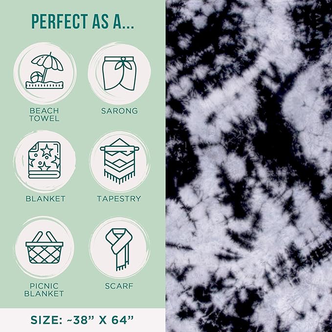 Sand Cloud Turkish Beach Towel - Sand Free - 100% Organic Turkish Cotton Yarn - Quick Dry Towel for Beach, Picnic Blanket or Throw - As Seen on Shark Tank - Tie Dye (Black Acid Wash)