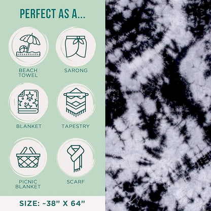 Sand Cloud Turkish Beach Towel - Sand Free - 100% Organic Turkish Cotton Yarn - Quick Dry Towel for Beach, Picnic Blanket or Throw - As Seen on Shark Tank - Tie Dye (Black Acid Wash)