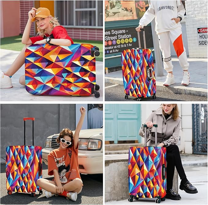 ANNA QUEEN Colorful Geometric Luggage Cover, Abstract Prism Pattern Suitcase Protector, Stretchable, Washable Travel Cover for 20-22 Inch Luggage, Bright, Durable & Eye-Catching