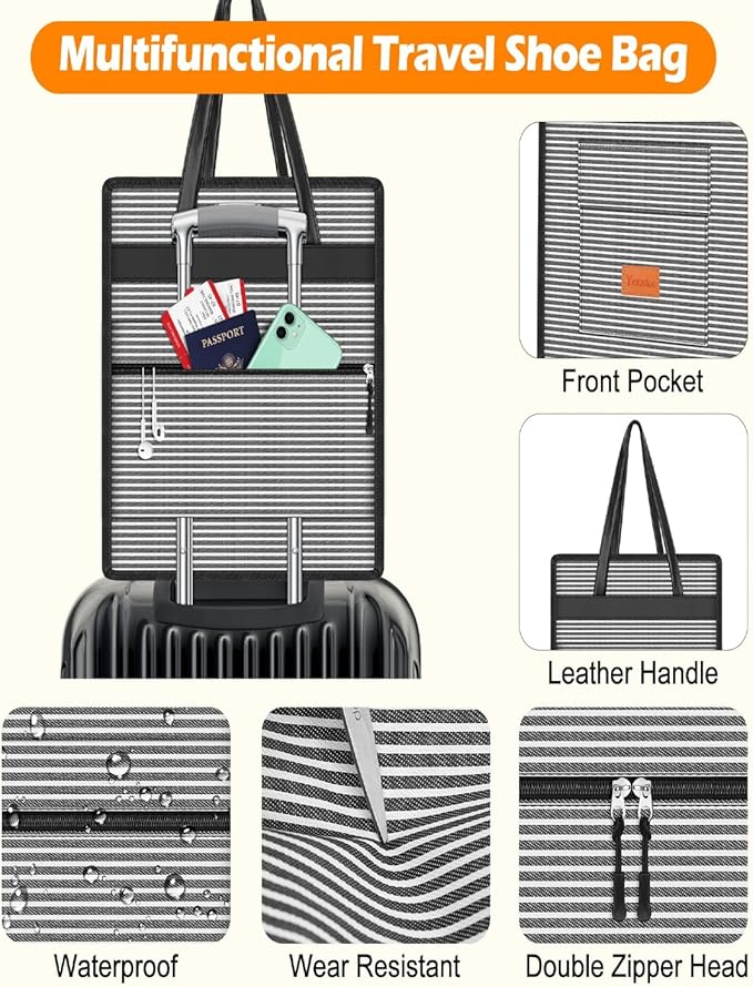 Yotako Shoe Bag for Travel with Leathers Handle-Portable Shoe Organizer with Pockets,3 in 1 Hanging Luggage Shoe Storage Bag,Travel Shoe Bag for Women Men Fit 6 PCS Shoes,Stripe