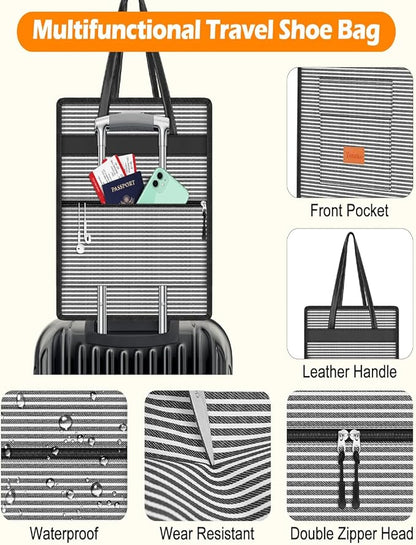 Yotako Shoe Bag for Travel with Leathers Handle-Portable Shoe Organizer with Pockets,3 in 1 Hanging Luggage Shoe Storage Bag,Travel Shoe Bag for Women Men Fit 6 PCS Shoes,Stripe