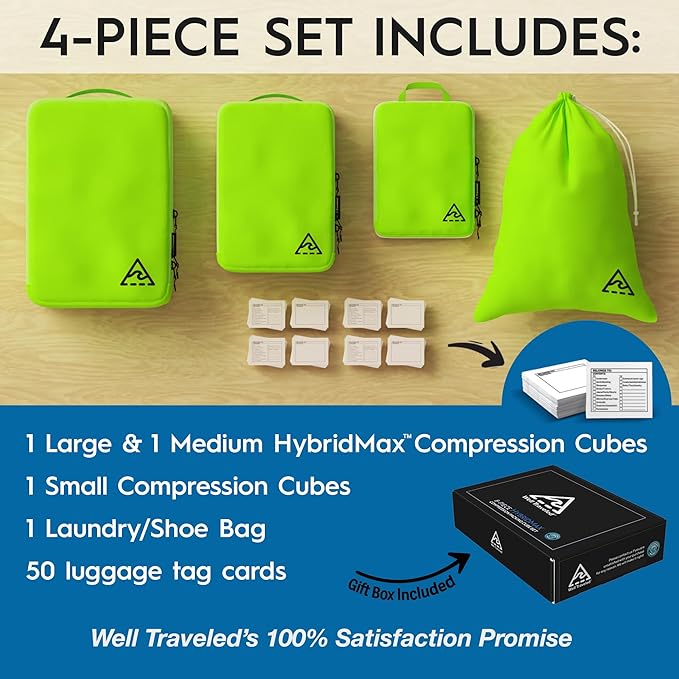 4-Piece Luxury Compression Packing Cubes & Bags for Travel – Maximize Space in Luggage with HybridMax Double-Capacity Design, 50 Luggage Tags, Patented Suitcase Organizer Bags, Lifetime Satisfaction