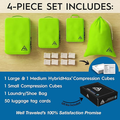 4-Piece Luxury Compression Packing Cubes & Bags for Travel – Maximize Space in Luggage with HybridMax Double-Capacity Design, 50 Luggage Tags, Patented Suitcase Organizer Bags, Lifetime Satisfaction