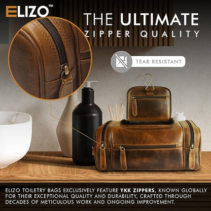 ELIZO Genuine Leather Toiletry Bag for Men Mens Toiletry Bags for Traveling Waterproof Hanging Leather Dopp Kit w/Hook Extra largeToiletry Bag Travel Organizer for Toiletries