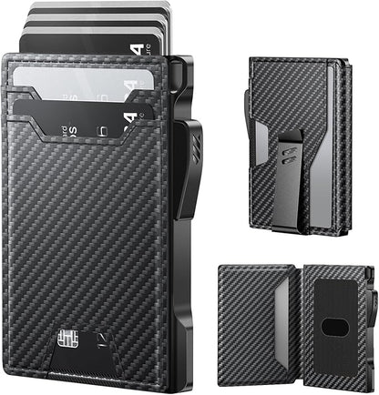 typecase Smart Wallet for Men: Metal Rfid Blocking Card Case, Ultra-Slim Bifold Wallet, Magnetic Card Holder, 9-13 Cards Capacitiy, Smart Popup Wallet for Men with Money Clip - Carbon Fiber