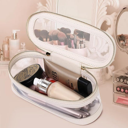 Pinkmik Makeup Brush Case Clear Travel Cosmetic & Toiletry Bag Slim Makeup Bag with Zipper Small Purse Organizer Car Essential Bag for Women (Beige, SLIM-2)