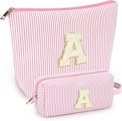 2 PCS Initial Makeup Bags for Women: Cosmetic Bag for Travel Toiletry - Birthday Gifts for 11 12 13 14 15 16 17 18 Years Old Girl Graduation Teacher Gift- Teen Girl Gifts Trendy Stuff - Light Pink A