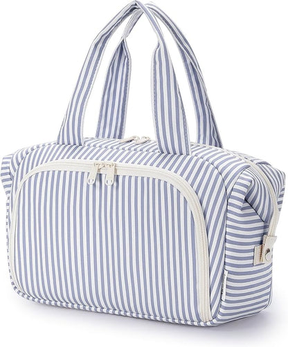 Narwey Travel Toiletry Bag, Wide-open Large Toiletry Bags for Traveling Women, Checkered Travel Bag for Toiletries Cosmetic Makeup Bag Organizer, Skincare Make Up Bag (Greyish Blue Stripe)