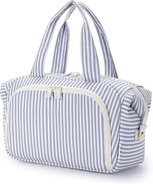 Narwey Travel Toiletry Bag, Wide-open Large Toiletry Bags for Traveling Women, Checkered Travel Bag for Toiletries Cosmetic Makeup Bag Organizer, Skincare Make Up Bag (Greyish Blue Stripe)