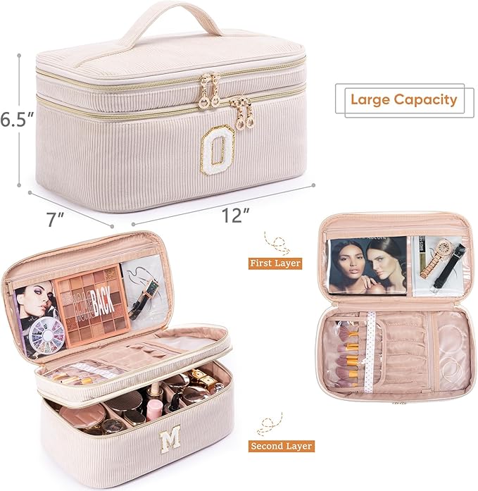 AMOIGEE Initial Makeup Bag Organizer,Personalized Double Layer Train Case, Travel Toiletry Bag for Makeup Brushes for Teens Girl, Skincare Gift Set, Initial Cute Cosmetic Make Up Bag for Women