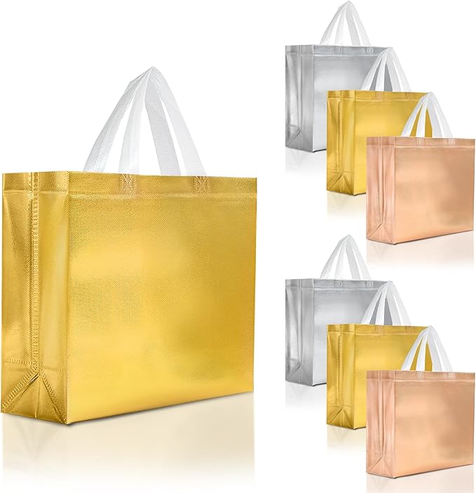 Nush Nush Set of 30 Mix Color Gift Bags In Bulk With 10 Rose Gold, 10 Silver, 10 Gold gift bags With Handles - Party Favors Bags For Small Business, Gifting Events, Christmas, Birthdays - 13Wx5Dx11H