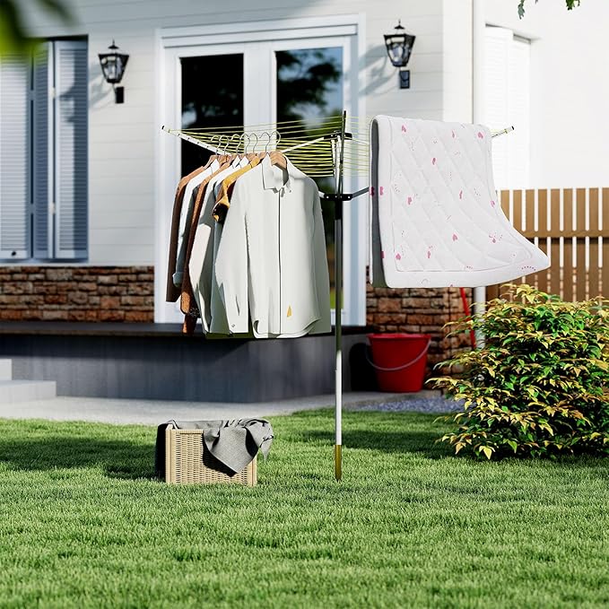 tonchean Outdoor Umbrella Drying Rack, 4-arm Rotary Umbrella Clothesline for Laundry, Adjustable Height Rotary Dryer Collapsible Clothes Drying Rack | 12-Lines with 165 ft. Clothesline