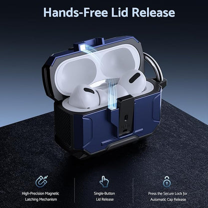 DASFOND Armor Earphone Cover Case for Airpods Pro, Military Grade Full Body Shockproof Protection Hard Case, Support Wireless Charging with Keychain, Magnetic Lid, Front LED Visible, Blue