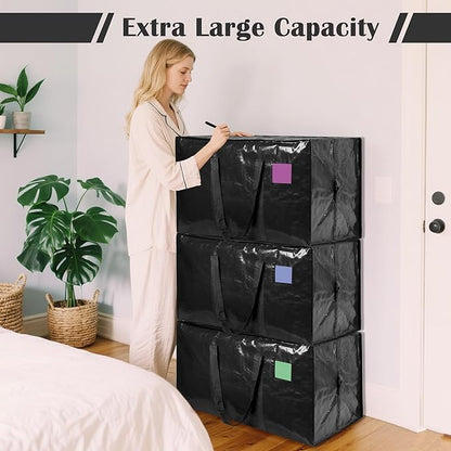 12 Pack Extra Large Heavy Duty Moving Bags with Reinforced Zipper & Wide Handles, Moisture-Resistant Storage Bins Packing Cubes for Clothes, College Dorm, Travel, and Home Organization, Black