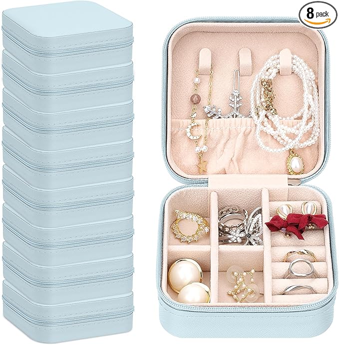 Leezmark 8 Pcs Jewelry Travel Case, Bridesmaid Gifts Set Of 8, Velvet Portable Jewelry Travel Organizer Small Jewelry Box Bridesmaid Proposal Gifts Box Mini Storage Organizer Storage Box, Light Blue