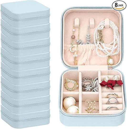 Leezmark 8 Pcs Jewelry Travel Case, Bridesmaid Gifts Set Of 8, Velvet Portable Jewelry Travel Organizer Small Jewelry Box Bridesmaid Proposal Gifts Box Mini Storage Organizer Storage Box, Light Blue