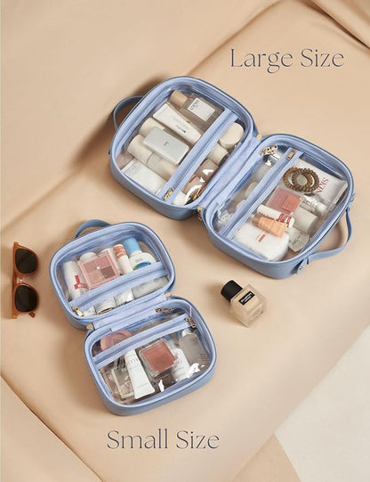 Clear Cosmetic Bag Double Layer Travel Toiletry Bag Clear Makeup Bag Case with 4 Compartments, Transparent Travel Bag for Toiletries, Large Toiletry Bag for Women Cosmetic Case (Blue, Small)