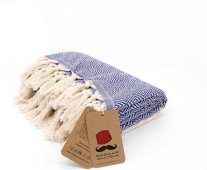 Bazaar Anatolia Turkish Beach Towel – 100% Cotton, Quick Dry, Sand Free Towel for Bathroom, Camping, Travel, Royal Navy – Oversized 71x39 Inches – Diamond Dark Blue