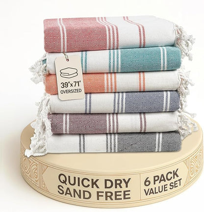 LANE LINEN 6-Pack Oversized Pre-Washed Beach Towels, Stylish Quick-Dry Pool & Travel Towels for Adults, 39"x71" - Diamond Multi Colors