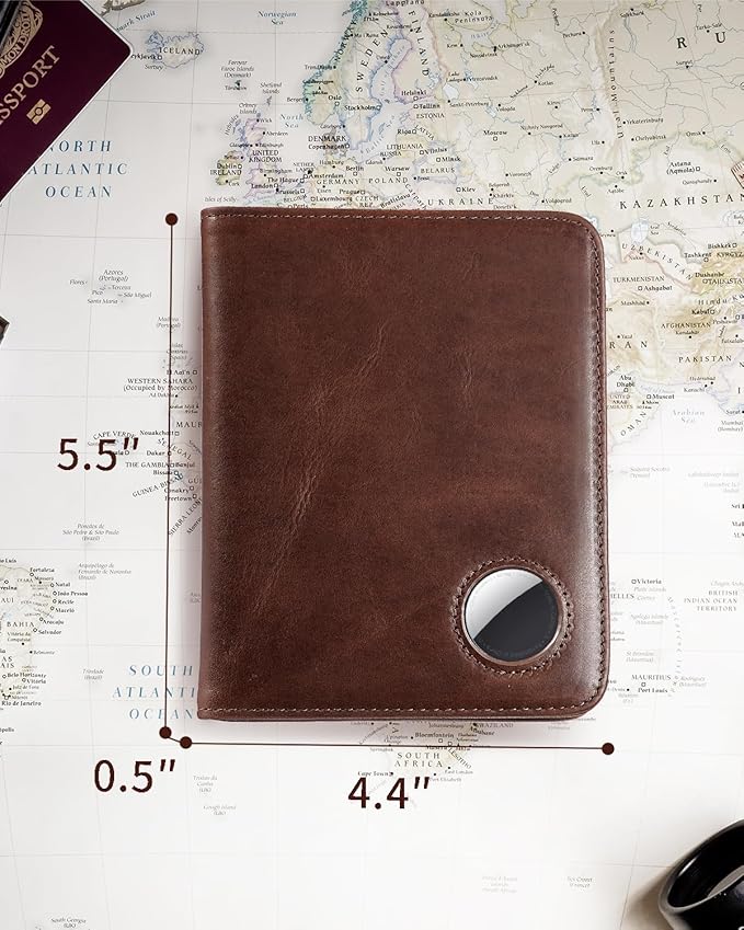 Passport Holder for Travel with AirTag Holder-Genuine Leather RFID Blocking Travel accessories with 6 Cards Slot&1ID Window,Magnetic Closure,Gift Box(Air Tag Not Included)
