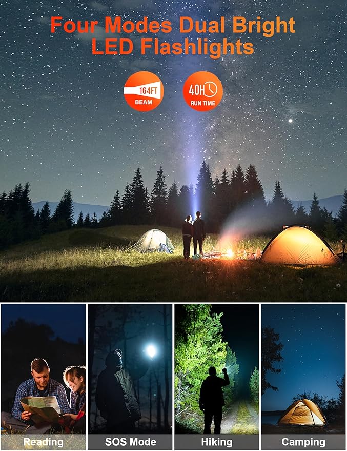 Solar Power Bank 40000mAh, Portable Charger PD 20W Fast Charging Solar Charger Power Bank Built in 4 Cables and USB-C in/Output, Camping Essentials External Battery Pack with Flashlights