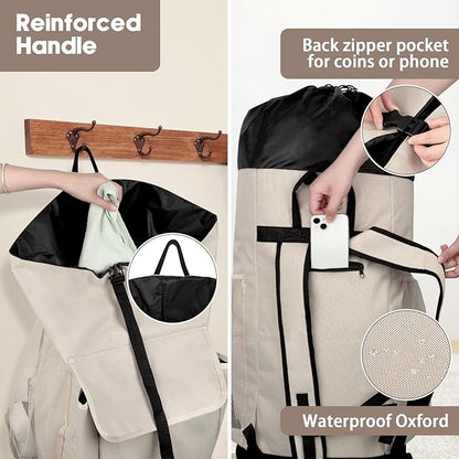 Laundry Backpack Bag, 132L Extra Large Heavy Duty Laundry Backpack for College Dorm Essentials, Laundry Hamper Travel Bag with Shoulder Straps and Mesh Wash Bags for Laundromat, Apartment Khaki