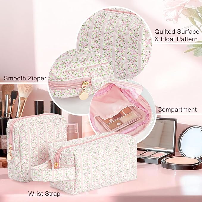 Small Makeup Bags, Cute Floral Cosmetic Pouch for Women and Girls, Quilted Travel Toiletry Bag Organizer, with Zipper, Handle and Compartments, Set of 2