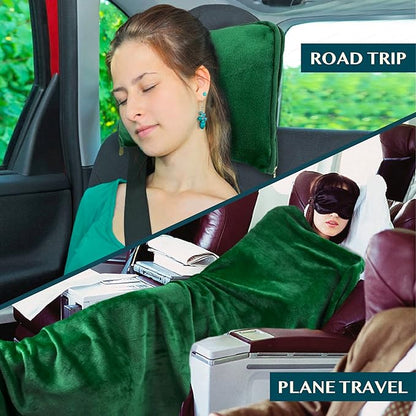 PAVILIA Travel Blanket Pillow, Soft Airplane Blanket 2-in-1 Combo Set, Plane Blanket Compact Packable, Flight Essentials Car Pillow, Travelers Gifts Accessories, Luggage Backpack Strap, 60x43 Green