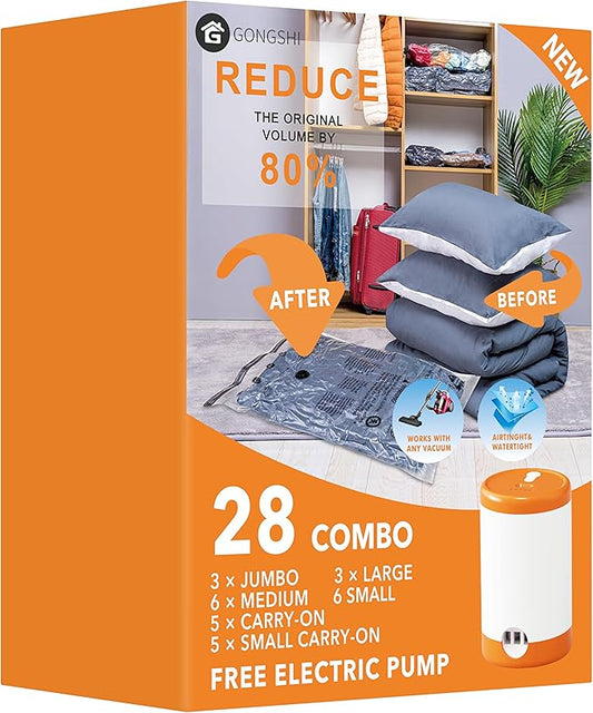 28 Pack Vacuum Storage Bags with Electric Pump, Plastic Packaging Bags,Space Saver Bag for Clothes, Mattress, Blanket, Duvets, Pillows, Comforters, Travel
