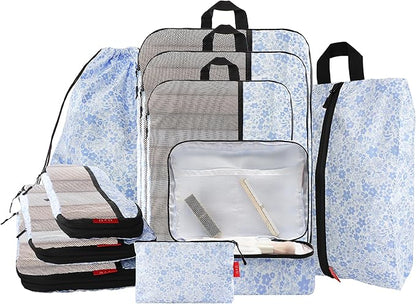 U+U 10 Set Compression Packing Cubes - Ultralight Travel Organizers with Laundry Bag and Cosmetic Bag, Space-Saving Suitcase Organizer for Travel, Business Trip and Family Vacation (Blue Flower)