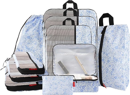 U+U 10 Set Compression Packing Cubes - Ultralight Travel Organizers with Laundry Bag and Cosmetic Bag, Space-Saving Suitcase Organizer for Travel, Business Trip and Family Vacation (Blue Flower)