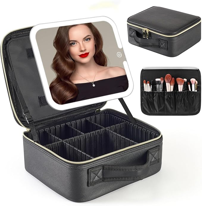 Travel Makeup Bag with Removable Mirror and Light, LED Lighted Make up Train Case, Cosmetic Organizer with PU Leather, 3 Colors Dimming Light, Adjustable Dividers & Brush Storage Board, Gift for Women