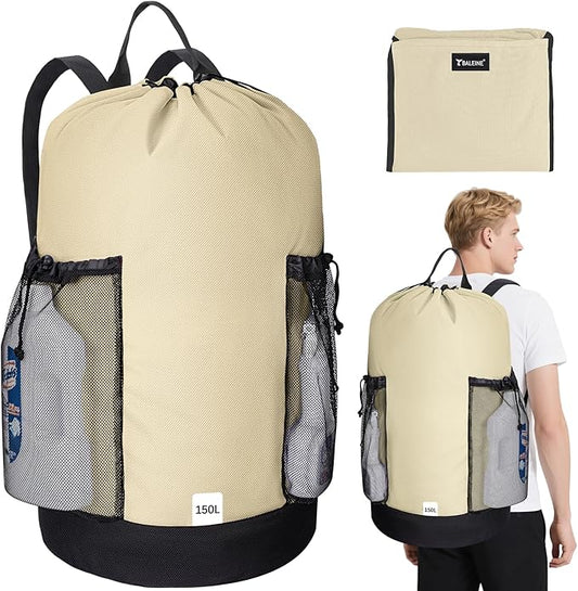 BALEINE 150L Laundry Bag Backpack, 900D Oxford Fabric Large Travel Laundry Bags with Shoulder Straps and 2 Mesh Pockets for College Dorm, Apartment, Laundromat (Beige, 150L)