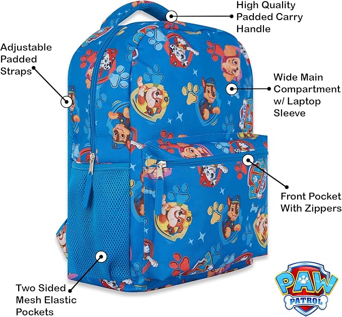Paw Patrol Backpack for Kids - Chase, Skye, Marshall, Rubble, Rocky, Zuma, Everest, Liberty, and Ryder School Book Bag - Backpack for Boys Girls Toddlers and Adults - for Laptop and Lunch Box (Blue)