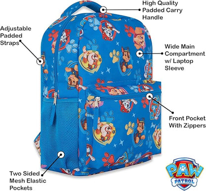 Paw Patrol Backpack for Kids - Chase, Skye, Marshall, Rubble, Rocky, Zuma, Everest, Liberty, and Ryder School Book Bag - Backpack for Boys Girls Toddlers and Adults - for Laptop and Lunch Box (Blue)