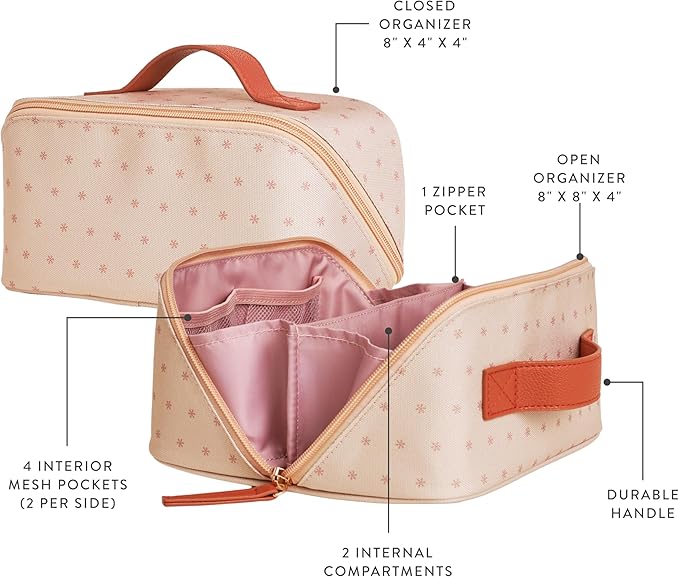 Erin Condren Small Organizer Case, Multi-Purpose Travel Case with Stylish Almond Asterisk Design and Sturdy Vegan Leather Handle, Carry Toiletries, Makeup, Jewelry or Essentials