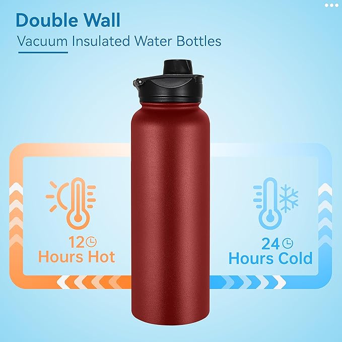VEGOND 40 oz Insulated Water Bottle Bulk Stainless Steel Metal Water Bottles with Leak Proof Straw Lid & Spout Lid, Wide Mouth Double Walled Vacuum Travel Sports Bottle, Red 4 Pack