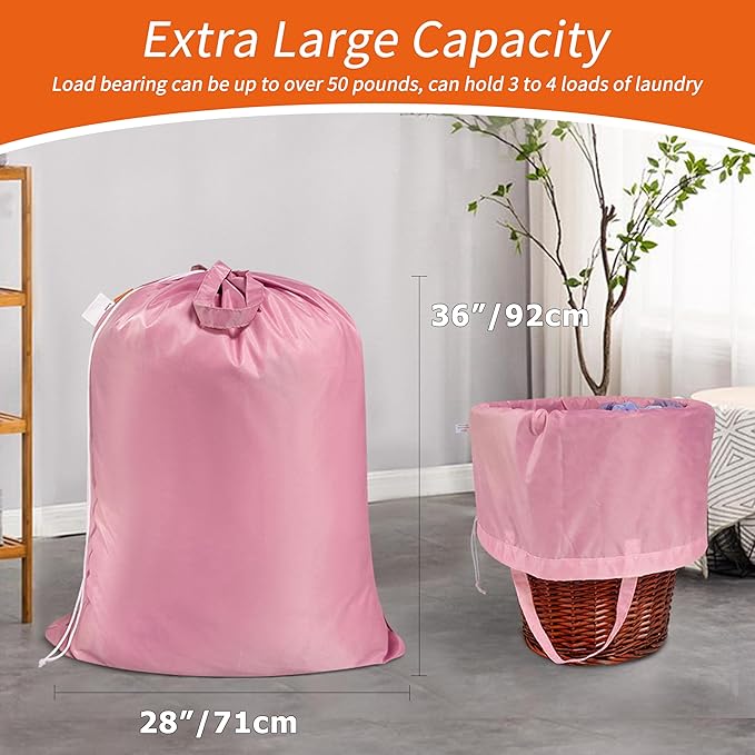 Polecasa Heavy Duty Large Laundry Bag with 130gsm Tear Resistant Fabric and Handles, Easy to Carry Durable Dirty Clothes Drawstring Bag, Perfect for College Dorm, Travel, 2 Pack 28”x36”, Pink