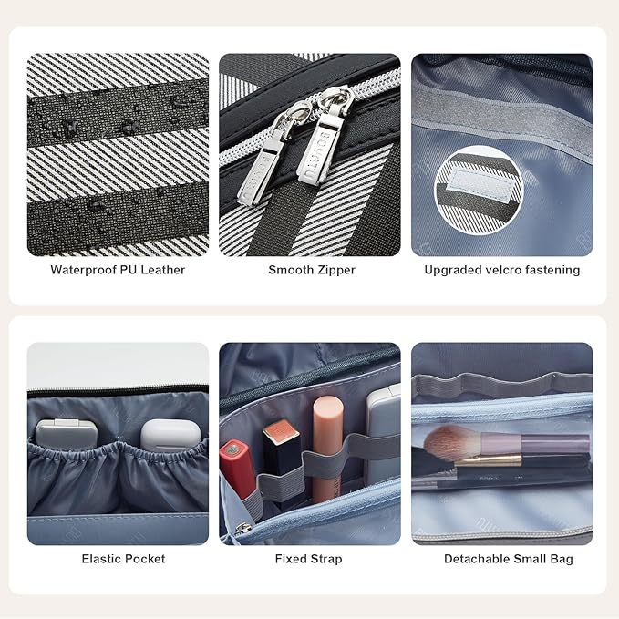 BOYATU Travel Makeup Bag for Women: Large Cosmetic Bag Set of 3 - PU Leather Make up Bag with Compartments - Compact Waterproof Toiletry Bag with Divider & Handle (B-4-Black)