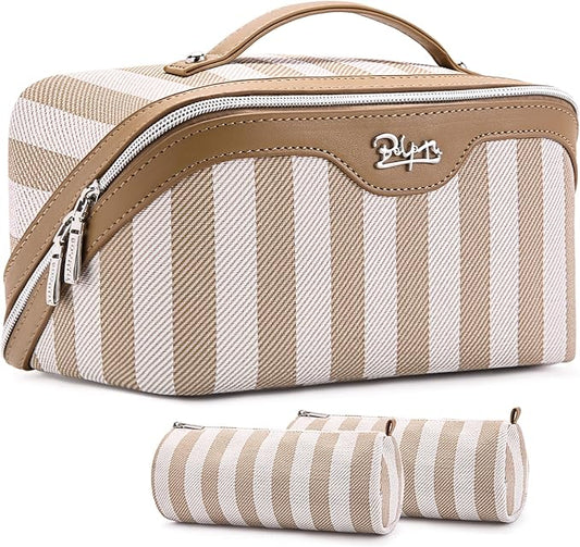 BOYATU Travel Makeup Bag for Women: Large Cosmetic Bag Set of 3 - PU Leather Make up Bag with Compartments - Compact Waterproof Toiletry Bag with Divider & Handle (B-6-Khaki)