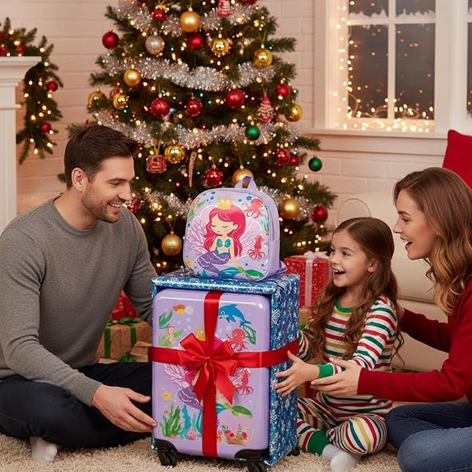 Sanwuta 4 Pcs Kids Luggage Set Backpack Travel Rolling Suitcase U-shape Pillow Christmas Children Gift for Girls Boys(20 Inch,Mermaid Style,Purple)