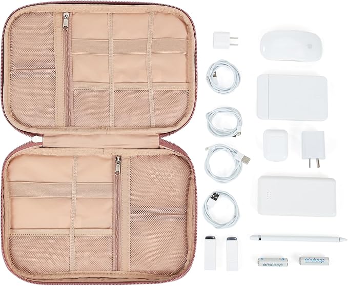 NISHEL Travel Cord Organizer Case, Tech Electronic Bag, Essentials for Charger, Cable, Phone, Hard Drive, USB, SD Card, Rosewood-Pink