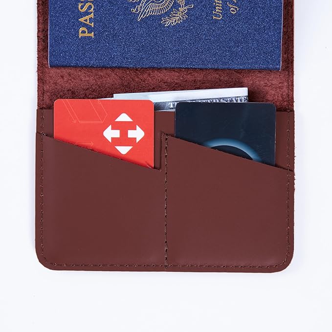 Passport Cover Leather - Travel Passport Wallet Compatible with Airtag Passports Cover with Card Slots & Note Compartment, Magnetic Closure, Genuine Leather, Classic Brown